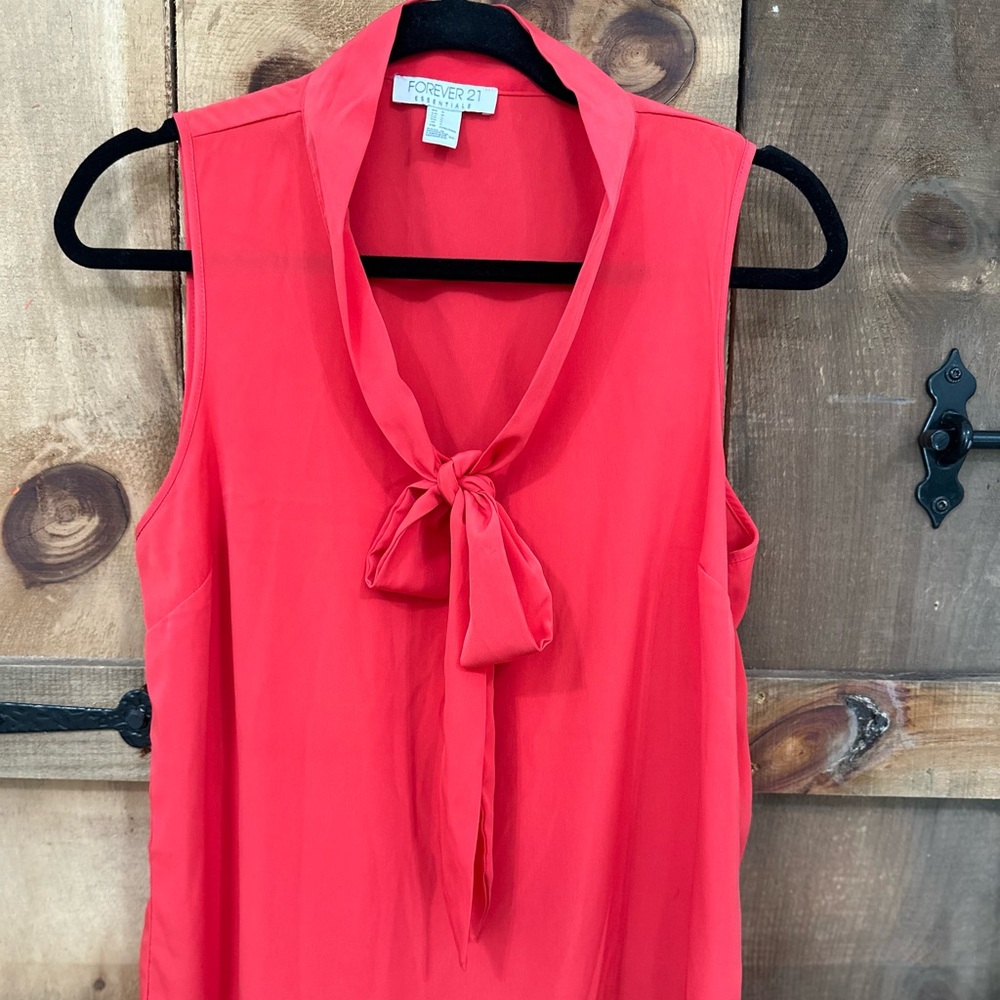 Forever 21 Vibrant Coral/Red Tie-Neck Blouse